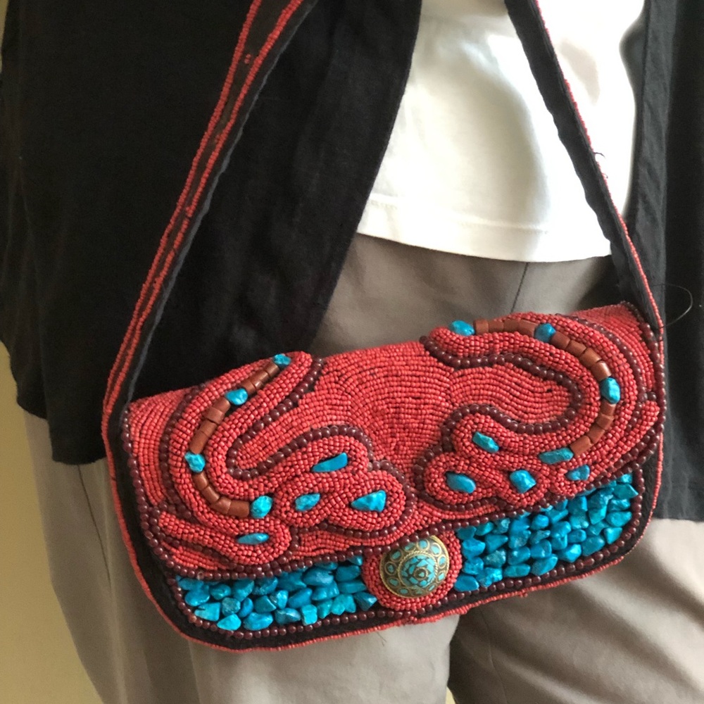 Hand beaded turquoise and carnelian bag